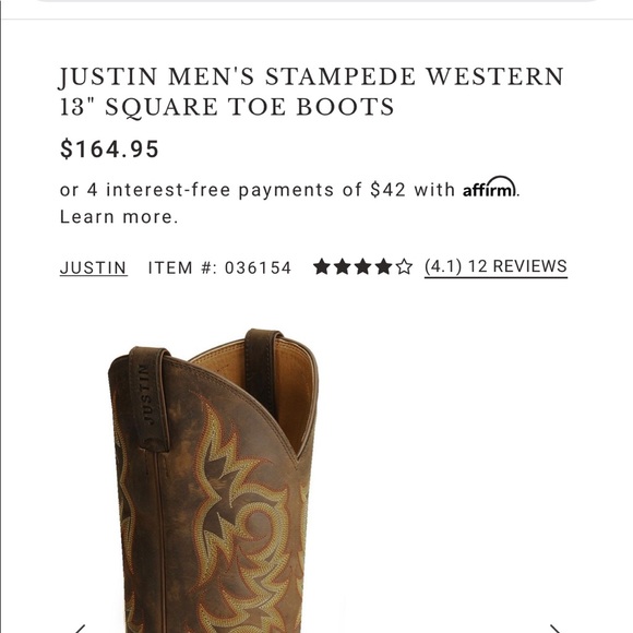 JUSTIN MEN'S STAMPEDE WESTERN 13" SQUARE TOE BOOTS - Picture 2 of 4